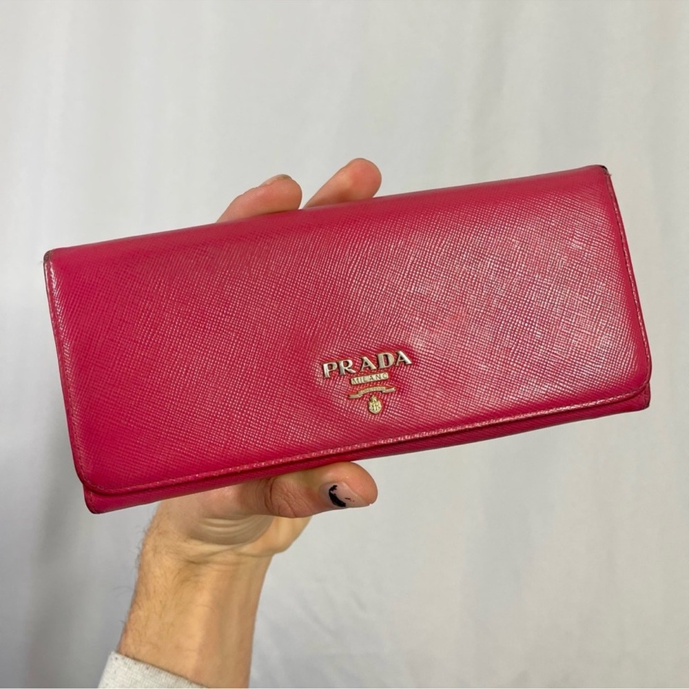 Prada | womens large hot pink saffiano leather flap snap-button closure wallet